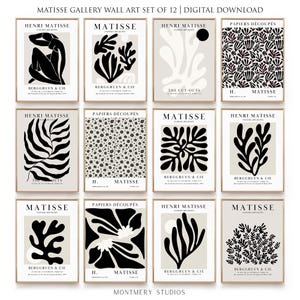 May include: A collection of 12 framed Matisse art prints, each showcasing black and white abstract designs. The prints feature various shapes, including figures and botanical forms. Each print is labelled with the artist's name and gallery details.