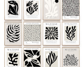 Henri Matisse Poster Set of 12, Black and Beige Wall Art, Minimalist Black Abstract Poster Art, Mid Century Modern Matisse Gallery Wall Art