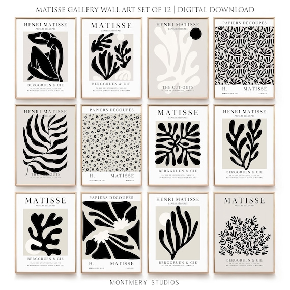 Henri Matisse Poster Set of 12, Black and Beige Wall Art, Minimalist Black Abstract Poster Art, Mid Century Modern Matisse Gallery Wall Art