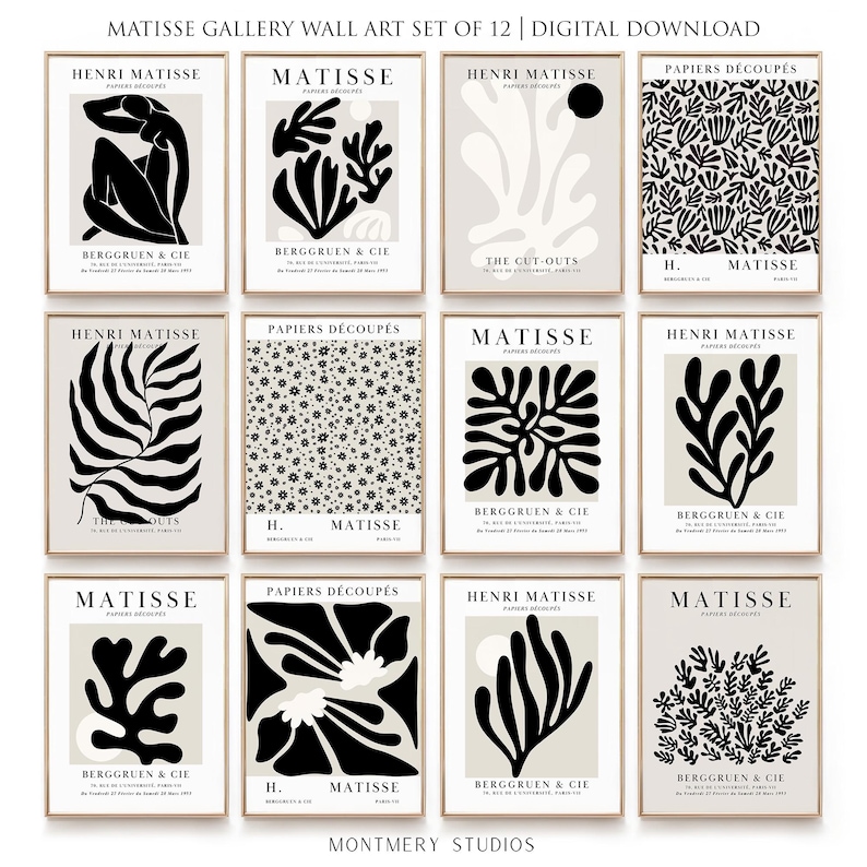 Set of 12 Henri Matisse inspired printable posters in striking black and beige tones, featuring minimalist abstract forms, geometric modern art, and subtle abstract flowers. This mid century modern Matisse gallery wall set combines bold black shapes with warm beige backgrounds for a refined, timeless look. Ideal for minimalist black art lovers, neutral boho interiors, and modern spaces, these coordinated prints bring balance and artistic character to living rooms, bedrooms, offices, or entryways