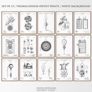 May include: Set of 12 Thomas Edison patent prints on a white background. Each framed print features detailed black and white technical drawings of inventions, including lamps and electrical devices. The text "DIGITAL DOWNLOAD" is at the bottom.