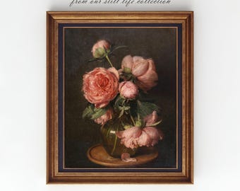 Moody Pink Peonies Print, Vintage Floral Painting, Dark Floral Art, Victorian Peonies Still Life, Printable Wall Art, SL2