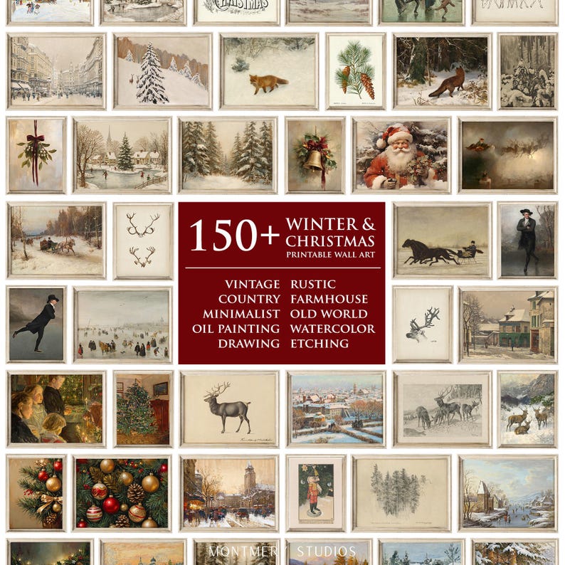 150+ Vintage Winter & Christmas Printable Wall Art Set, Cozy Holiday ...