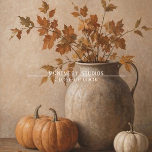 Muted pumpkin still life printable wall art, featuring orange pumpkins, a white pumpkin, rustic ceramic vase, and dried autumn leaves on a wooden table. Warm neutral fall painting for farmhouse decor, Thanksgiving wall art, fall kitchen print, mantel styling, rustic autumn decor, and cozy seasonal home decor.