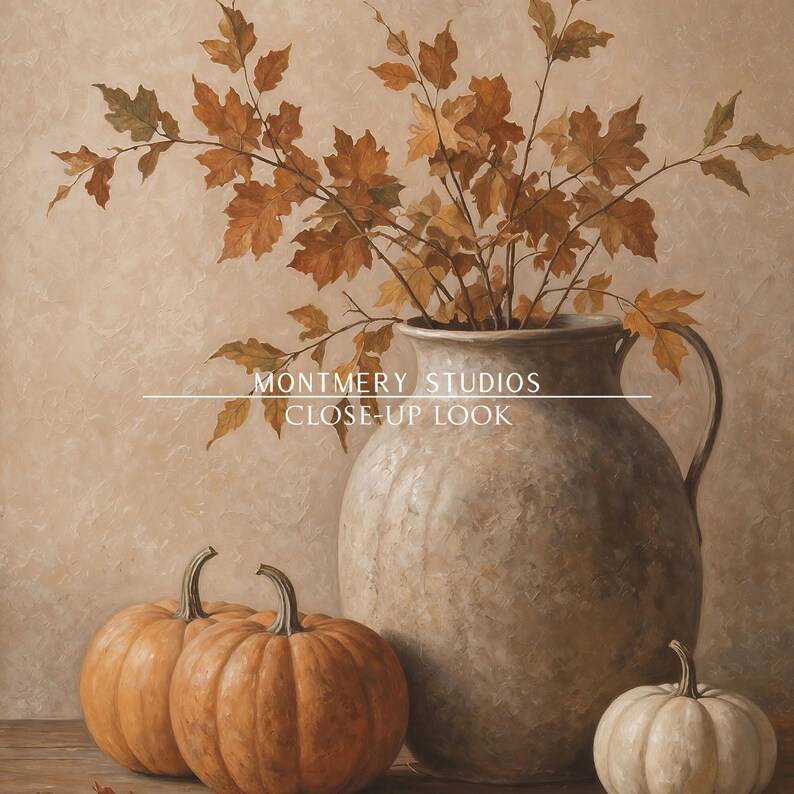 Muted pumpkin still life printable wall art, featuring orange pumpkins, a white pumpkin, rustic ceramic vase, and dried autumn leaves on a wooden table. Warm neutral fall painting for farmhouse decor, Thanksgiving wall art, fall kitchen print, mantel styling, rustic autumn decor, and cozy seasonal home decor.