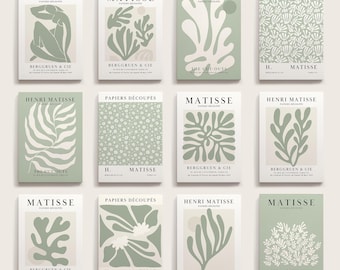 Arte mural de galería Matisse, juego de 12, impresiones botánicas en verde salvia, arte mural abstracto floral, decoración bohemia imprimible, póster de Henri Matisse, MS12