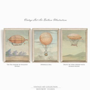 Vintage hot air balloon illustrations, aviation nursery wall art, Montgolfier brothers balloon, historic flight printables, pilot kids room decor, 1783 French aviation, antique balloon decor, first flight artwork, aviation history prints
