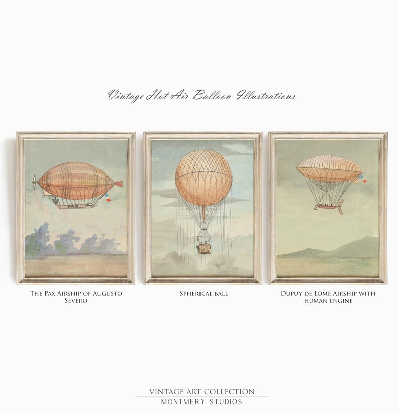 Vintage hot air balloon illustrations, aviation nursery wall art, Montgolfier brothers balloon, historic flight printables, pilot kids room decor, 1783 French aviation, antique balloon decor, first flight artwork, aviation history prints