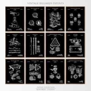 May include: A set of framed vintage billiard patents, featuring black backgrounds and white technical drawings. The image is labelled "VINTAGE BILLIARDS PATENTS" at the top. The bottom of the image reads "PATENT COLLECTION MONTEMRY STUDIOS".