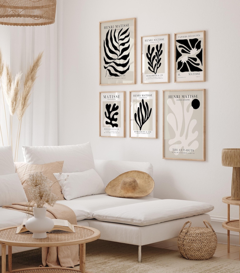 Set of 12 Henri Matisse inspired printable posters in striking black and beige tones, featuring minimalist abstract forms, geometric modern art, and subtle abstract flowers. This mid century modern Matisse gallery wall set combines bold black shapes with warm beige backgrounds for a refined, timeless look. Ideal for minimalist black art lovers, neutral boho interiors, and modern spaces, these coordinated prints bring balance and artistic character to living rooms, bedrooms, offices, or entryways