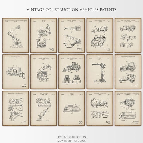 15 Vintage Construction Patent Prints, Heavy Equipment Posters: Excavator, Truck, Bulldozer, Man Cave, Kids Room Decor, Contractor Gift PS42