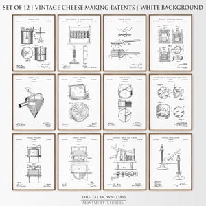 Könnte beinhalten: Ein Satz von 12 gerahmten Vintage-Käseherstellungspatenten, jeweils mit weißem Hintergrund. Die Schwarz-Weiß-Illustrationen zeigen verschiedene Werkzeuge und Verfahren zur Käseherstellung. Der Text oben lautet "SET OF 12 | VINTAGE CHEESE MAKING PATENTS | WHITE BACKGROUND".