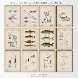 May include: Set of 12 vintage-style patent prints featuring bass and trout fishing illustrations. The prints include diagrams of fishing tackle, lures, and fish species, all in a sepia tone with a wooden frame.