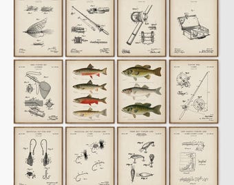 Vintage Fishing Patent Prints Set of 12, Trout, Bass Fishing Art, Largemouth, Smallmouth Bass, Brook, Lake Trout, Fishing Gifts for Men PS11
