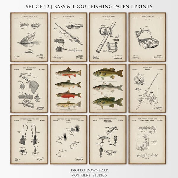 Juego de 12 láminas de pesca vintage con patentes: trucha, lubina, lubina de boca grande, lubina de boca chica, trucha de arroyo y trucha de lago. Regalos de pesca para hombres (PS11)