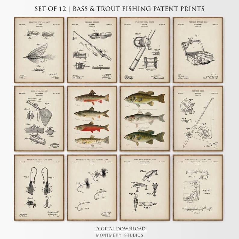 May include: Set of 12 vintage-style patent prints featuring bass and trout fishing illustrations. The prints include diagrams of fishing tackle, lures, and fish species, all in a sepia tone with a wooden frame.