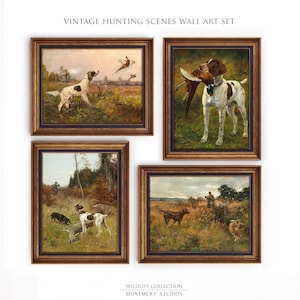 Può includere: Set di quattro stampe d'arte da parete vintage con scene di caccia che mostrano cani e cacciatori in un ambiente boschivo. Le stampe sono incorniciate in oro e hanno un'estetica rustica.