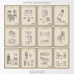Puede incluir: Una colección de patentes de juegos de arcade vintage, presentadas en impresiones enmarcadas. Las impresiones presentan dibujos técnicos detallados de varios juegos de arcade, incluyendo máquinas de pinball y juegos de disparos. El texto "VINTAGE ARCADE PATENTS" es visible.