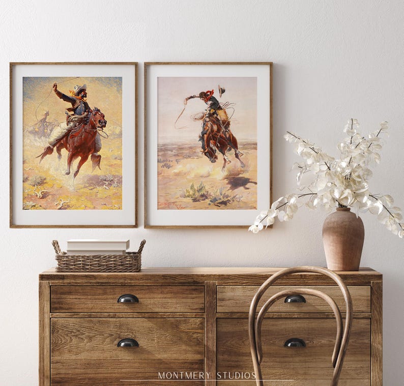 Western cowboy art set of 2 featuring vintage cowboy prints, rustic frontier scenes, and Old West horse riders. Perfect for Western home decor, farmhouse wall art, or Southwestern interiors. Antique cowboy artwork with a nostalgic Wild West feel, ideal for ranch-style homes, cowboy-themed rooms, or rustic lodge decor. Pioneer and frontier-inspired prints capturing the spirit of the American West, blending history, adventure, and classic Western aesthetics.