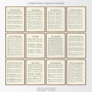 May include: A set of framed prints showcasing Christmas carols and hymns. Each print displays sheet music with titles such as "Silent Night" and "Joy to the World." The prints have a vintage aesthetic with a cream-coloured background and dark brown frames. The text "CHRISTMAS CAROLS/HYMNS" is at the top.