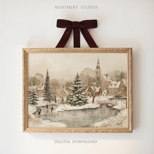 Cozy Christmas Village Printable | Vintage Christmas Town | Scandinavian Christmas Decor | Snowy Town Art Print | Digital Download | CH12