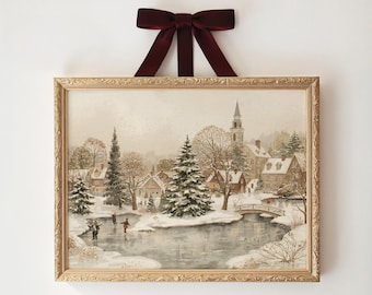 Imprimible de un acogedor pueblo navideño / Pueblo navideño vintage / Decoración navideña escandinava / Impresión artística de un pueblo nevado / Descarga digital / CH12
