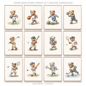 Puede incluir: Un conjunto de doce impresiones enmarcadas con ilustraciones en acuarela de osos de peluche practicando varios deportes. Cada oso viste ropa deportiva y participa en actividades como fútbol americano, baloncesto, fútbol, golf, béisbol, tenis y hockey. El texto "TEDDY BEAR SPORTS PRINTS SET | DIGITAL DOWNLOAD" está en la parte superior.