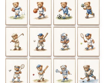 Teddy Bear Sports Prints, Sports Nursery Wall Art, Football, Baseball, Basketball, Soccer, Golf, Tennis, Ice Hockey, Lacrosse, Cricket
