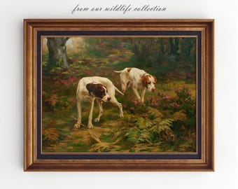 Impression de chien de chasse, deux pointeurs dans un paysage, art mural chien d'arrêt, décoration de pavillon de chasse, art des cavernes, estampes de cabine de ferme, AN50