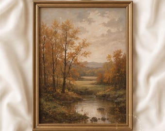 Rustic Autumn Landscape Print, River Painting, Golden Fall Trees Art, Farmhouse Decor (Digital Download)