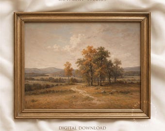 May include: A landscape painting in a gold frame featuring a dirt path winding through a field toward a cluster of trees with autumn foliage. The background shows rolling hills under a cloudy sky. The text reads MONTMERY STUDIOS DIGITAL DOWNLOAD.