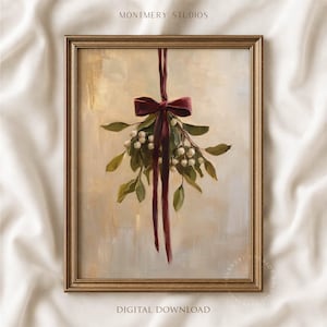 Mistelzweig mit Schleife, burgunderrotes Band, dezente rustikale botanische Weihnachtskunst (Digitaler Download)