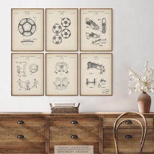 A set of 15 vintage-style soccer patent prints featuring classic soccer ball designs, footwear innovations, and training gear. Ideal wall art for kids' rooms, sports nurseries, man caves, or as a thoughtful gift for young players and coaches. This unique soccer collection blends nostalgic charm with sports history, making it a perfect decor choice for fans of all ages
