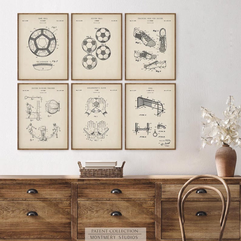 A set of 15 vintage-style soccer patent prints featuring classic soccer ball designs, footwear innovations, and training gear. Ideal wall art for kids' rooms, sports nurseries, man caves, or as a thoughtful gift for young players and coaches. This unique soccer collection blends nostalgic charm with sports history, making it a perfect decor choice for fans of all ages