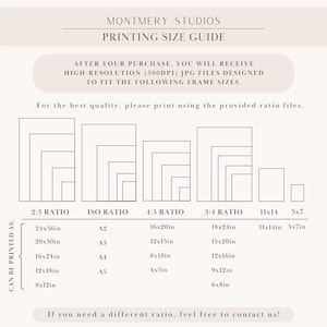 Peut inclure: Un guide des tailles d'impression beige de Montmery Studios. Il pr&eacute;sente les formats d'impression, tels que 61x91cm, 51x76cm, et 41x61cm, class&eacute;s par ratio. Le texte comprend "Guide des tailles d'impression" et "Fichiers JPG haute r&eacute;solution (300DPI)".