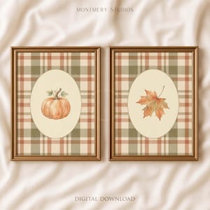 Fall Watercolor Pumpkin, Maple Leaf  Wall Art Set of 2, Plaid Cottagecore Decor (Digital)