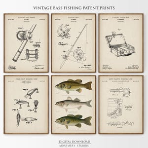 Set of 6 Bass Fishing patent prints, featuring Largemouth, Smallmouth, and Striped Bass. Includes vintage fishing lure, fishing reel, and tackle box designs. Ideal for fishing enthusiasts, anglers, and man cave decor. Perfect for lake house walls or as a unique fishing gift. Detailed, vintage illustrations capture the essence of freshwater fishing and North American game fish. High-quality fishing art prints, perfect for home or office decor.