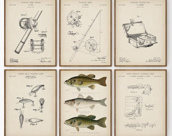 Bass Fishing Patent Prints Set of 6, Vintage Fishing Patents, Largemouth Bass Art, Smallmouth Bass, Striped Bass, Fishing Gifts for Men, PS6
