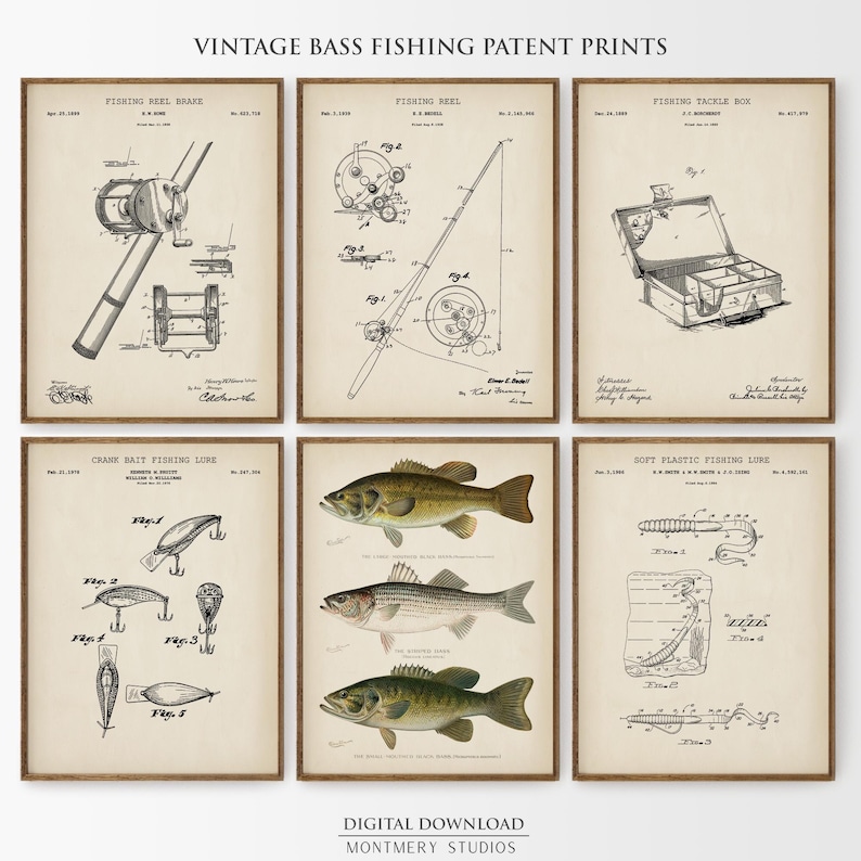 Set of 6 Bass Fishing patent prints, featuring Largemouth, Smallmouth, and Striped Bass. Includes vintage fishing lure, fishing reel, and tackle box designs. Ideal for fishing enthusiasts, anglers, and man cave decor. Perfect for lake house walls or as a unique fishing gift. Detailed, vintage illustrations capture the essence of freshwater fishing and North American game fish. High-quality fishing art prints, perfect for home or office decor.