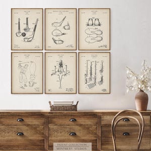 vintage golf patent prints, featuring golf clubs, golf balls, golf tees, golf carts, golf caddy bags, golf shoes, and gloves. Perfect for man cave decor, golf lovers, office, or sports room. blueprint golf wall art for enthusiasts and collectors