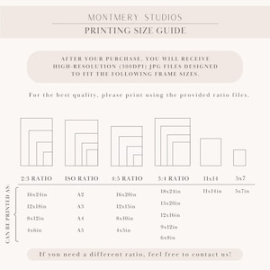May include: A Montmery Studios printing size guide chart with black text on a light background. It lists high-resolution JPG file ratios including 2:3, ISO, 4:5, and 3:4, along with specific dimensions in inches like 16x24in, 12x18in, 8x12in, and 4x6in.