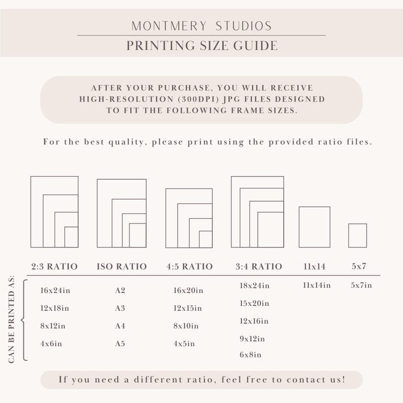 May include: A Montmery Studios printing size guide chart with black text on a light background. It lists high-resolution JPG file ratios including 2:3, ISO, 4:5, and 3:4, along with specific dimensions in inches like 16x24in, 12x18in, 8x12in, and 4x6in.
