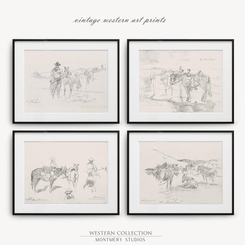 vintage Western art prints, 19th-century Native American life sketches by Walter Shirlaw, black and white frontier decor, cowboy prints, rustic home decor, historical art prints, Western wall art, pioneer art, antique sketches