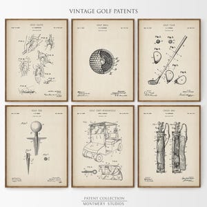 vintage golf patent prints, featuring golf clubs, golf balls, golf tees, golf carts, golf caddy bags, golf shoes, and gloves. Perfect for man cave decor, golf lovers, office, or sports room. blueprint golf wall art for enthusiasts and collectors