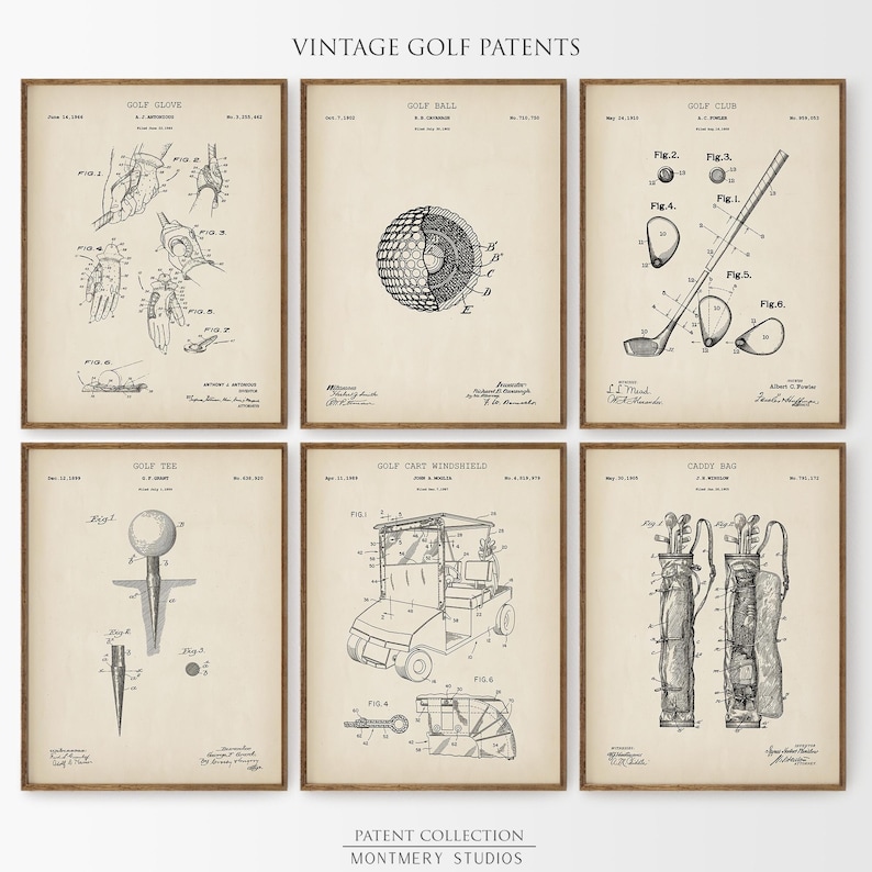 vintage golf patent prints, featuring golf clubs, golf balls, golf tees, golf carts, golf caddy bags, golf shoes, and gloves. Perfect for man cave decor, golf lovers, office, or sports room. blueprint golf wall art for enthusiasts and collectors