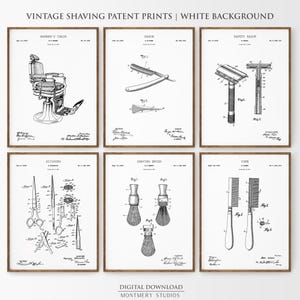 Impressões de patentes de barbear, arte de parede para barbearia, impressão de cuidados masculinos, arte de parede masculina, download digital para banheiro, fundo branco, PS71
