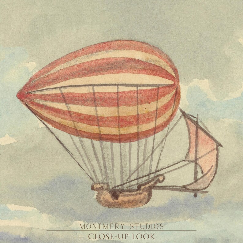 Vintage hot air balloon illustrations, aviation nursery wall art, Montgolfier brothers balloon, historic flight printables, pilot kids room decor, 1783 French aviation, antique balloon decor, first flight artwork, aviation history prints