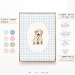 Custom Puppy Nursery Art, 50+ Dog Breeds, Personalized Plaid (Blue, Pink, Green, Beige, Gray), Dog Nursery Decor for Baby Boy & Girl