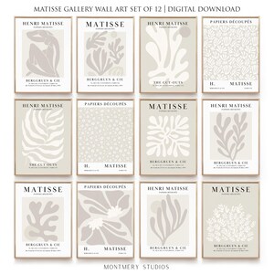 Set of 12 beige Henri Matisse inspired posters featuring abstract botanical shapes, geometric floral forms, and modern cut-out style designs. This neutral boho art collection uses soft beige tones and minimalist lines, making it ideal for a modern gallery wall, or mid-century modern home decor. Elegant abstract flowers and geometric modern art prints create a cohesive, calm aesthetic for living rooms, bedrooms, and stylish interiors.
