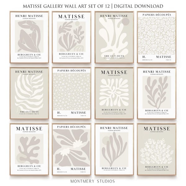 Henri Matisse Poster Set of 12, Beige Matisse Prints, Neutral Boho Art, Modern Matisse Gallery Wall, Geometric Abstract Flowers Art, Digital